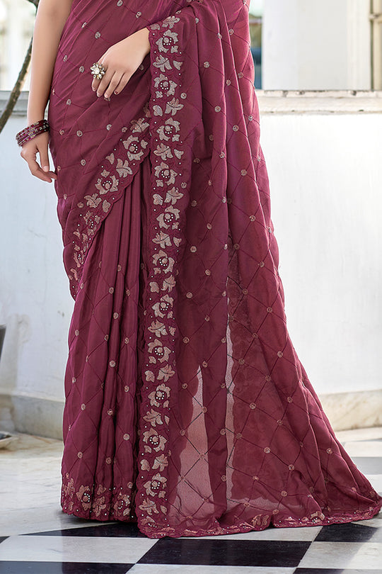 Karagiri Maroon Crepe Saree With Blouse Piece