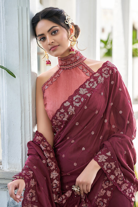 Karagiri Maroon Crepe Saree With Blouse Piece