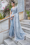 Karagiri Sky Blue Martini Silk Saree With Blouse Piece