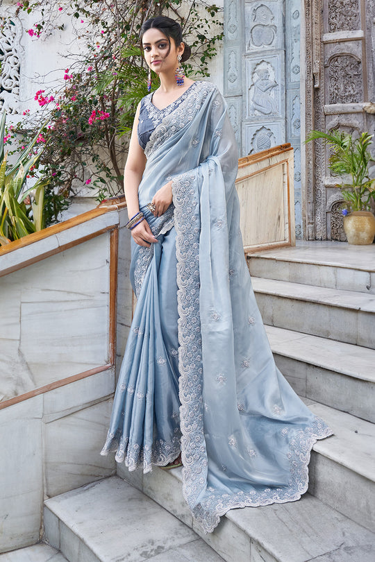 Karagiri Sky Blue Martini Silk Saree With Blouse Piece