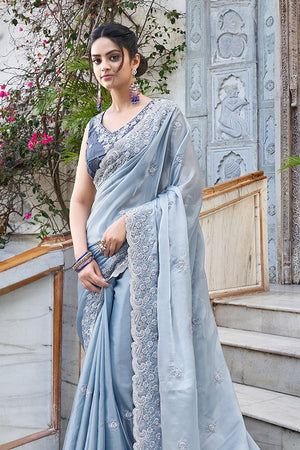 Karagiri Sky Blue Martini Silk Saree With Blouse Piece
