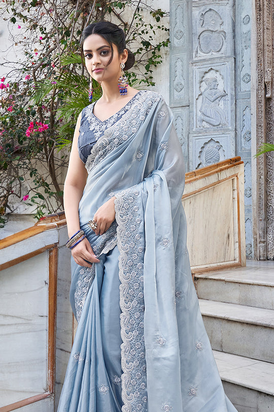 Karagiri Sky Blue Martini Silk Saree With Blouse Piece