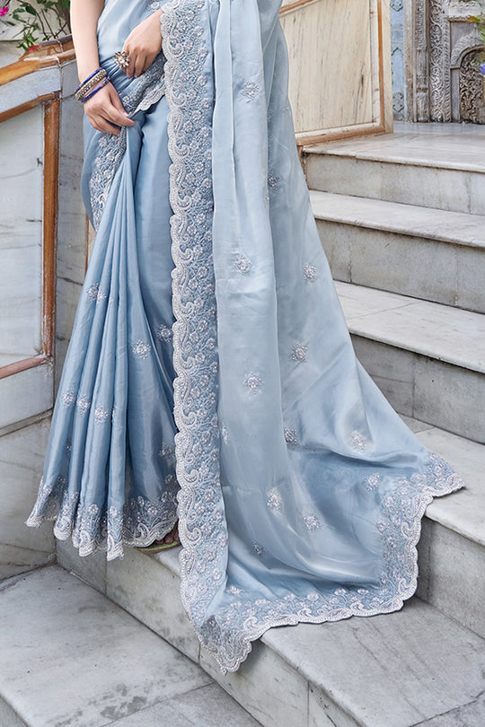 Karagiri Sky Blue Martini Silk Saree With Blouse Piece