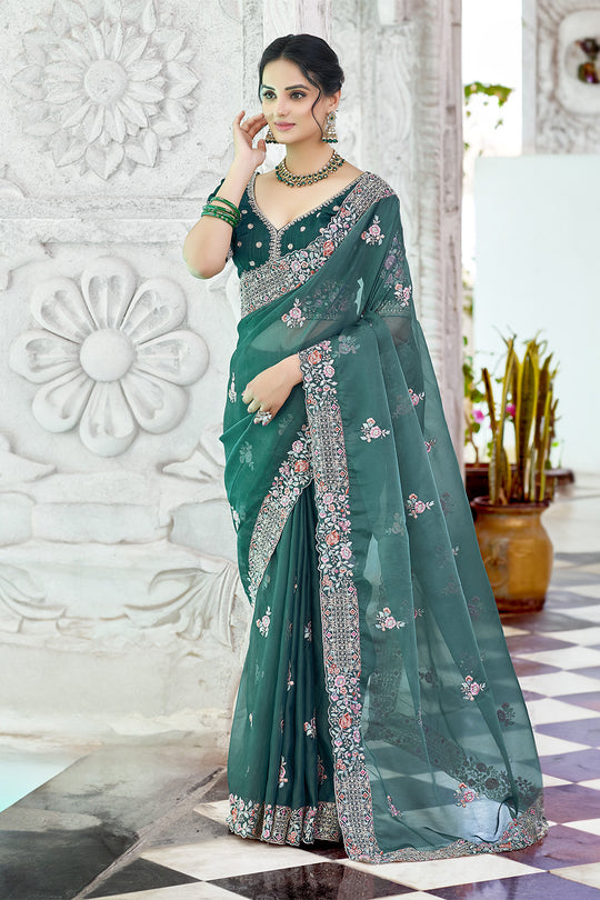 Karagiri Bottle Green Organza Silk Saree With Blouse Piece