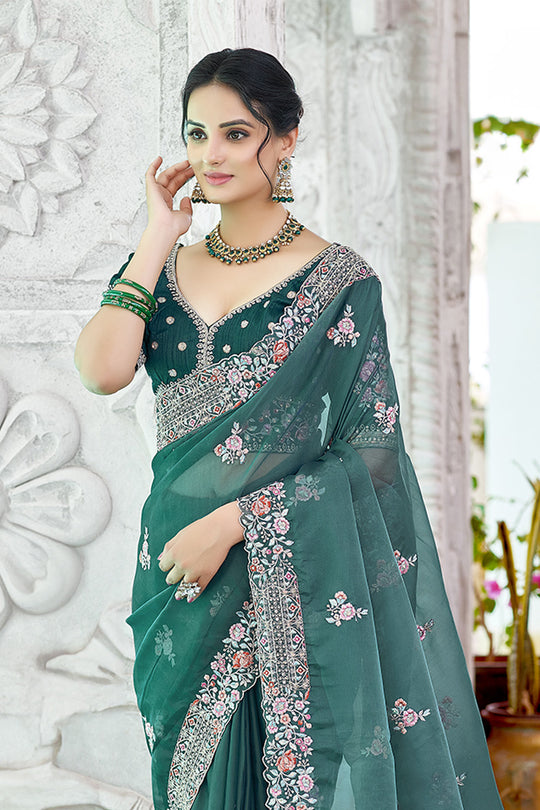 Karagiri Bottle Green Organza Silk Saree With Blouse Piece