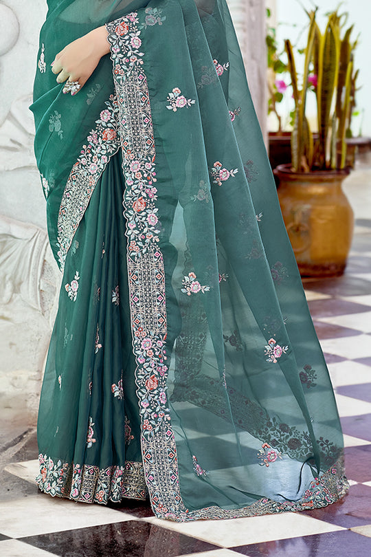 Karagiri Bottle Green Organza Silk Saree With Blouse Piece