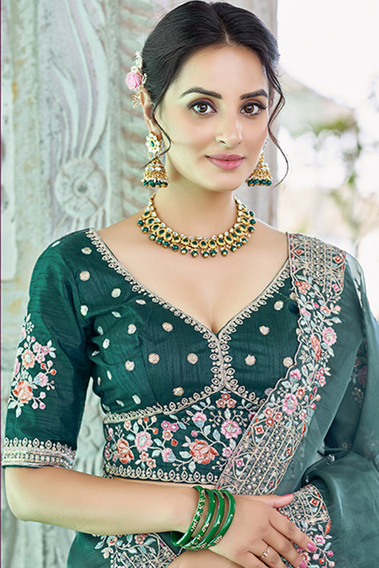 Karagiri Bottle Green Organza Silk Saree With Blouse Piece
