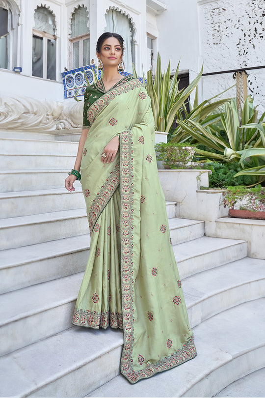 Karagiri Pista Green Black Berry Silk Saree With Blouse Piece