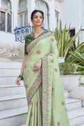 Karagiri Pista Green Black Berry Silk Saree With Blouse Piece
