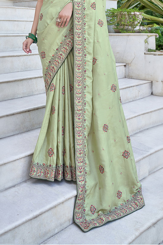 Karagiri Pista Green Black Berry Silk Saree With Blouse Piece