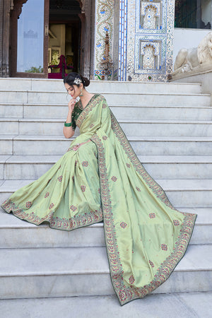 Karagiri Pista Green Black Berry Silk Saree With Blouse Piece