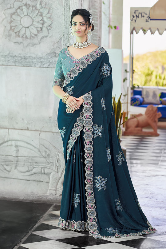Karagiri Teal Apricot Saree With Blouse Piece