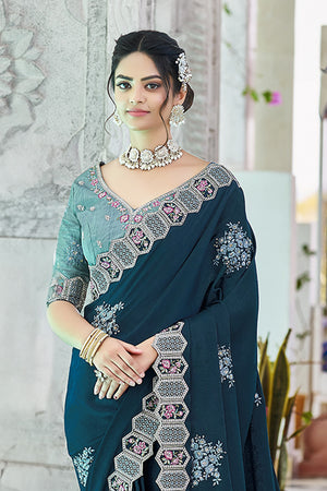 Karagiri Teal Apricot Saree With Blouse Piece
