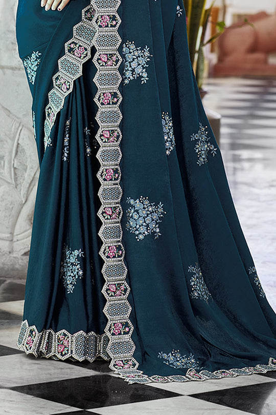 Karagiri Teal Apricot Saree With Blouse Piece