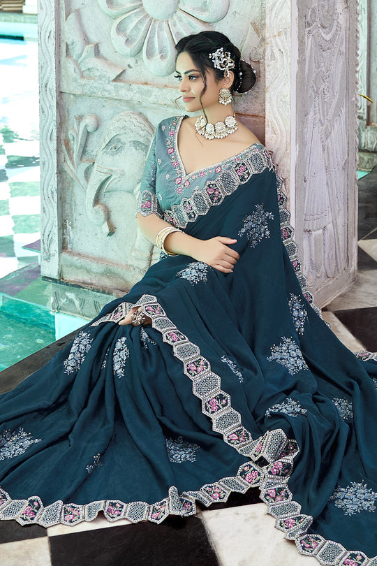Karagiri Teal Apricot Saree With Blouse Piece