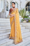 Karagiri Mustard Satin Silk Saree With Blouse Piece