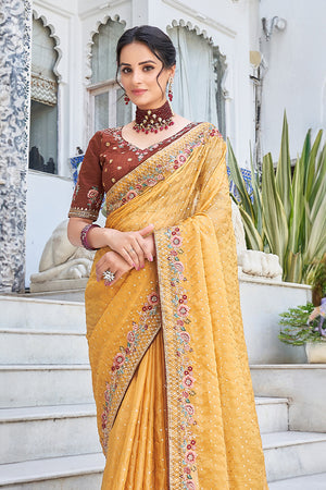 Karagiri Mustard Satin Silk Saree With Blouse Piece