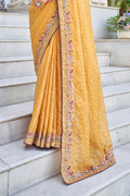 Karagiri Mustard Satin Silk Saree With Blouse Piece