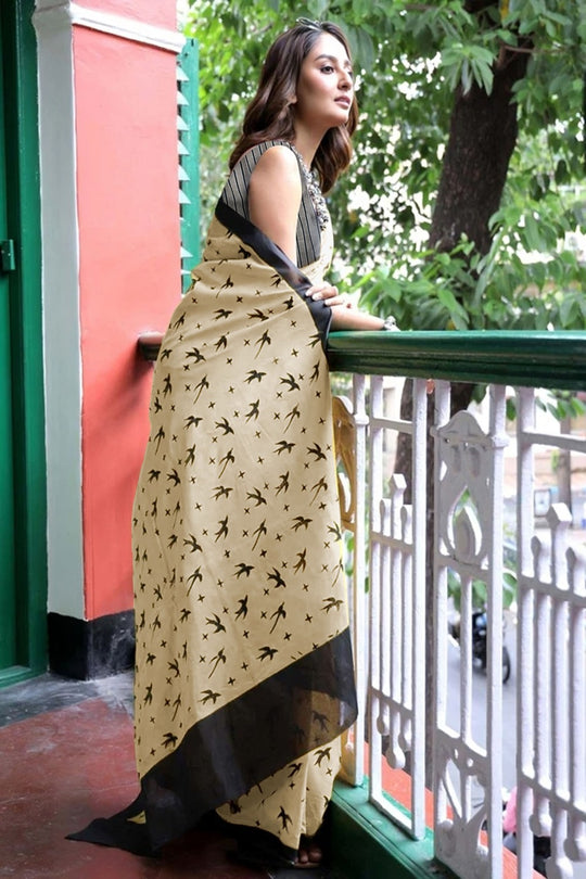 Cream Pure Cotton Block Printed Saree Saree With Blouse Piece