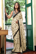 Cream Pure Cotton Block Printed Saree Saree With Blouse Piece