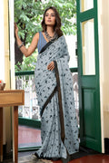 Gery Pure Cotton Block Printed Saree Saree With Blouse Piece