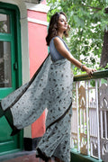 Gery Pure Cotton Block Printed Saree Saree With Blouse Piece