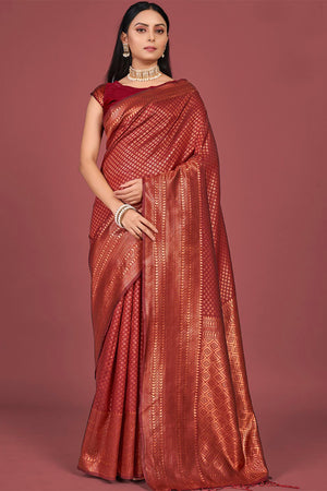 Womens Kanjivaram Silk Red Saree With Blouse Piece