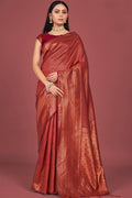 Womens Kanjivaram Silk Red Saree With Blouse Piece