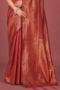 Womens Kanjivaram Silk Red Saree With Blouse Piece