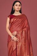 Womens Kanjivaram Silk Red Saree With Blouse Piece