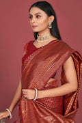 Womens Kanjivaram Silk Red Saree With Blouse Piece