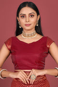 Womens Kanjivaram Silk Red Saree With Blouse Piece