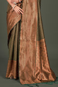 Womens Kanjivaram Silk Pine Green Saree With Blouse Piece