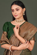Womens Kanjivaram Silk Pine Green Saree With Blouse Piece