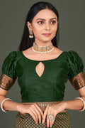 Womens Kanjivaram Silk Pine Green Saree With Blouse Piece