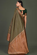 Womens Kanjivaram Silk Pine Green Saree With Blouse Piece