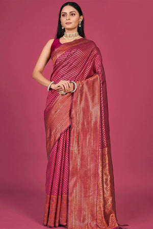 Womens Kanjivaram Silk Pink Saree With Blouse Piece