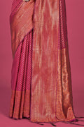 Womens Kanjivaram Silk Pink Saree With Blouse Piece