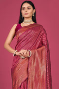 Womens Kanjivaram Silk Pink Saree With Blouse Piece