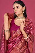 Womens Kanjivaram Silk Pink Saree With Blouse Piece