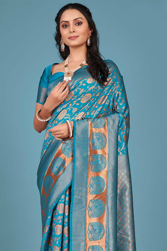 Cyan Blue Banarasi Saree