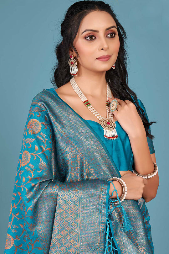 Cyan Blue Banarasi Saree