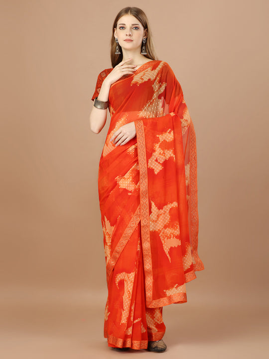 Orange Georgette Festive Wear Saree With Blouse Piecde