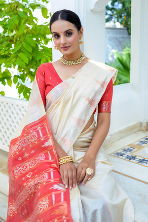 Cream Silk Blend Saree With Blouse Piece