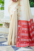 Cream Silk Blend Saree With Blouse Piece