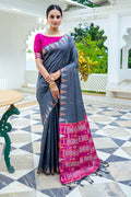 Grey Silk Blend Saree With Blouse Piece