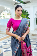 Grey Silk Blend Saree With Blouse Piece