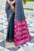 Grey Silk Blend Saree With Blouse Piece