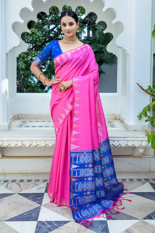 Pink Silk Blend Saree With Blouse Piece