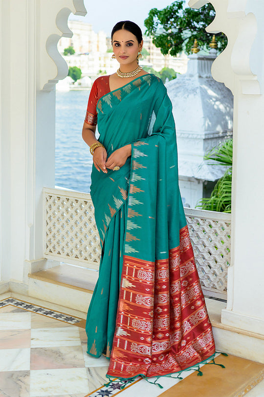 Teal Silk Blend Saree With Blouse Piece